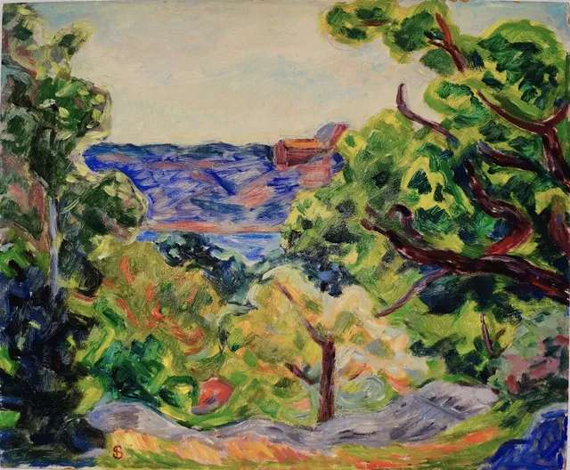 INGRID SIMONSSON. Olja på pannå, landskap, signerad med monogram.