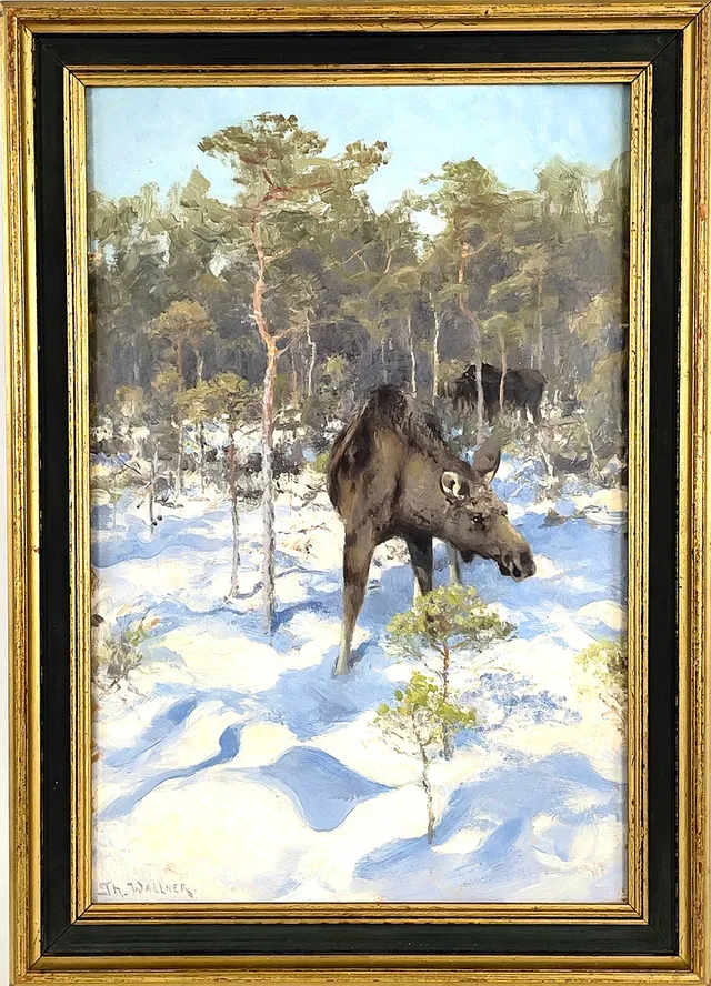 THURE WALLNER. Älgar i snö, olja på pannå, signerad Th. Wallner.
