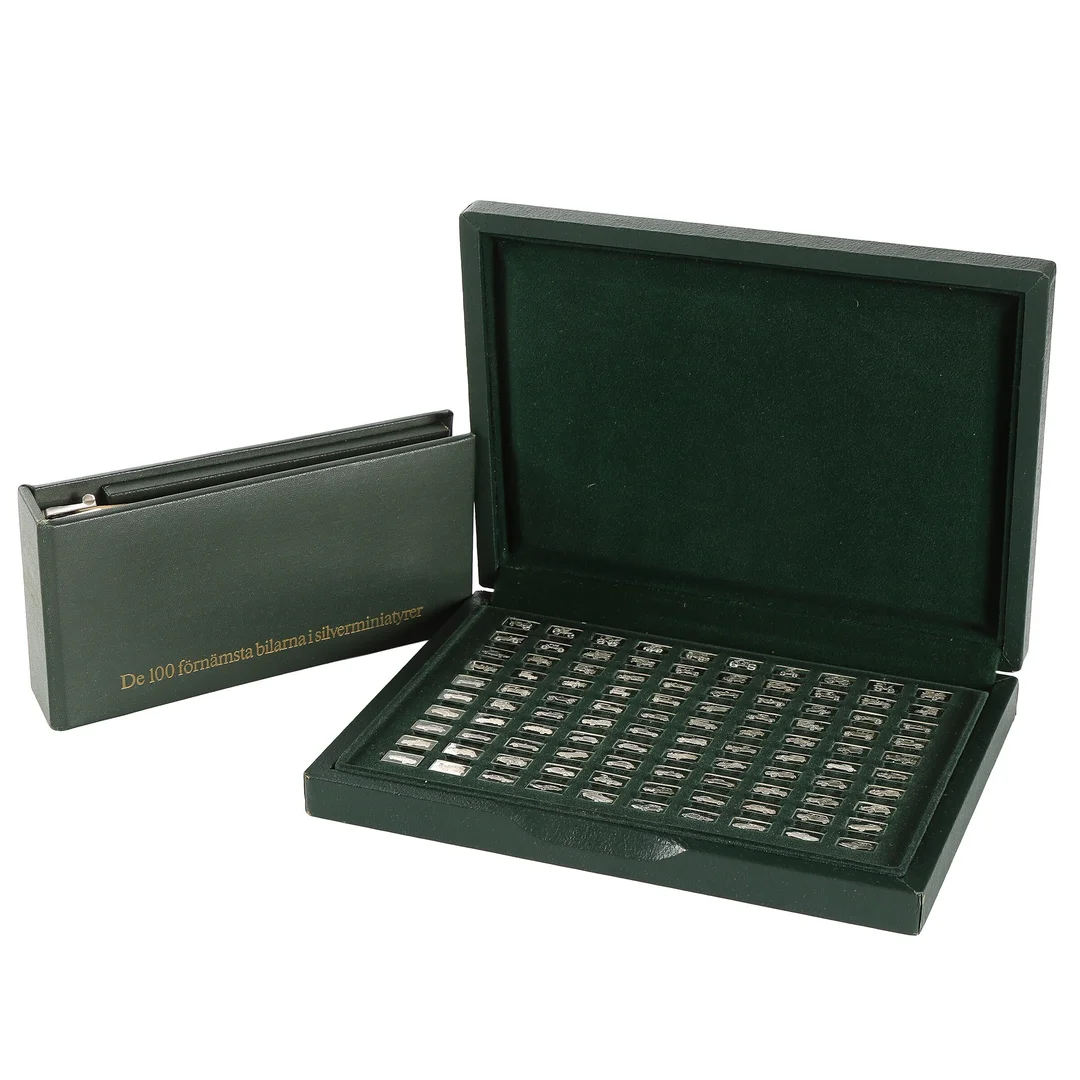 Franklin Mint. 'The 100 greatest cars silver miniature collection' — Hobby and collectibles/Coins, notes and bars — Lauritz