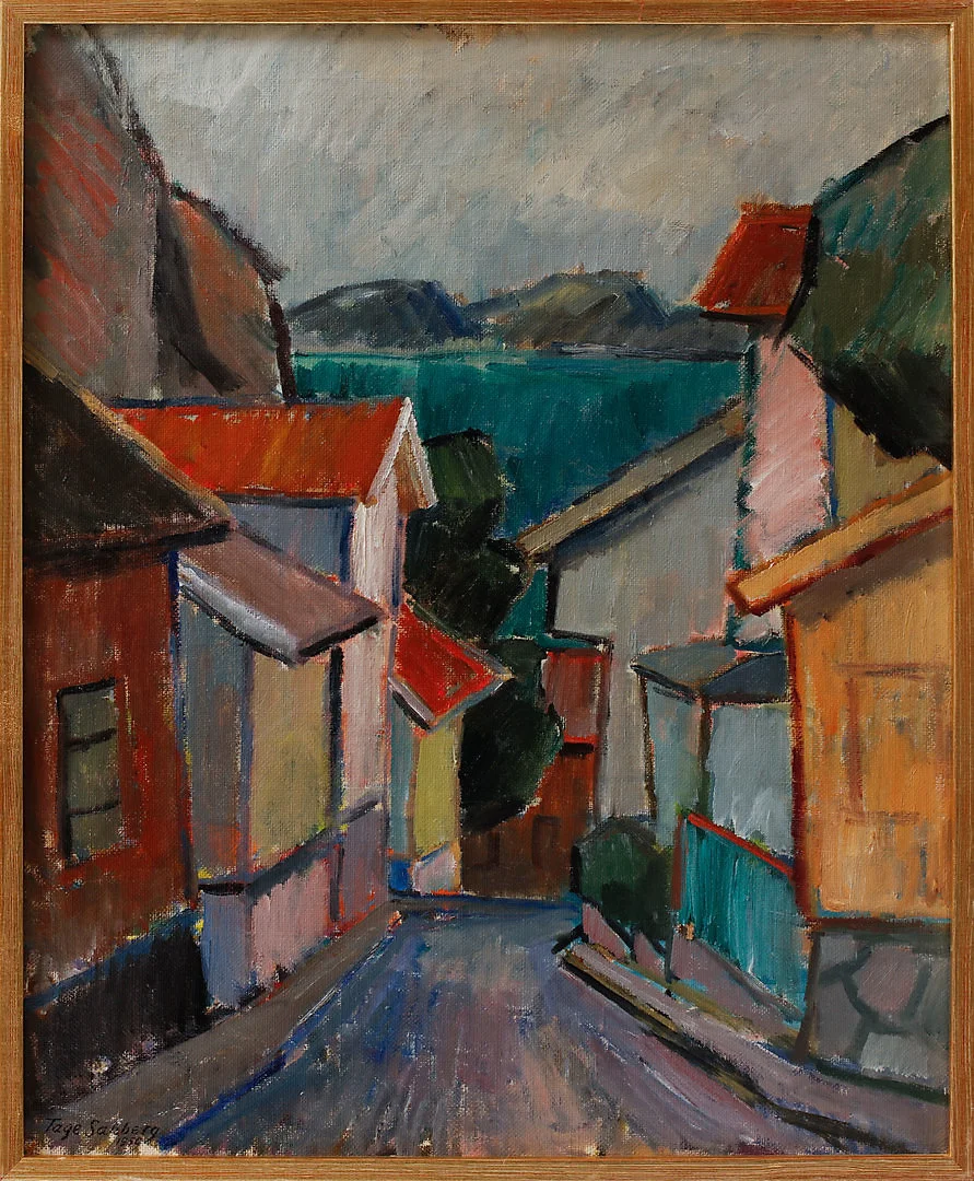TAGE SAHLBERG. "Gata i Fjällbacka", olja på duk, signerad. — Paintings — Göteborgs Auktionsverk