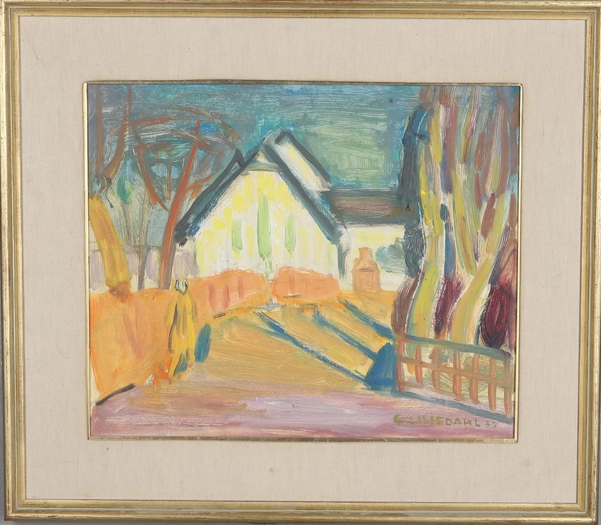 GÖSTA LILJEDAHL. Olja på pannå, hus, Signerad och daterad -53. — Paintings — Gomér & Andersson Norrköping