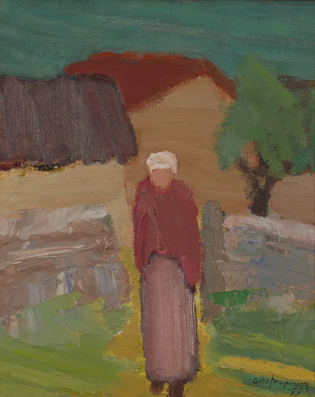GILLIS MAGNUSSON. "Gårdby Öland", olja på duk uppfodrad på pannå, signerad Gillis Magnusson -79.