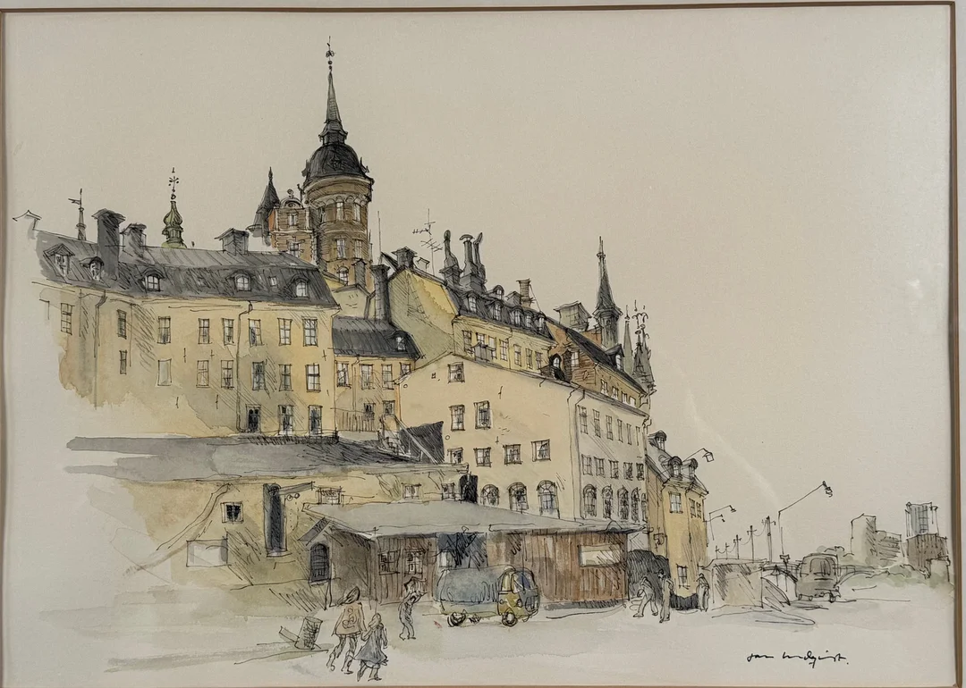 JAN LUNDQVIST (1935-2022). Vy från Stockholm, Mariaberget, blandteknik, signerad. — Paintings — Skandia Auktion