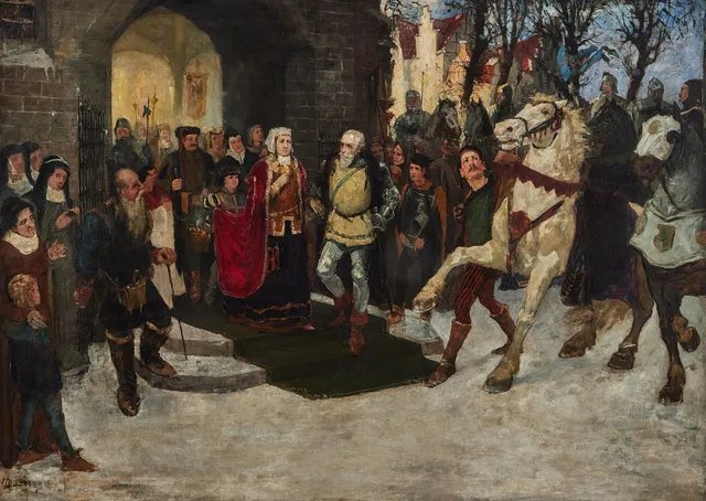 HUGO BIRGER (1854-1887). "Sten Sture frigifver den danska drottningen ur fångenskap i Wadstena".