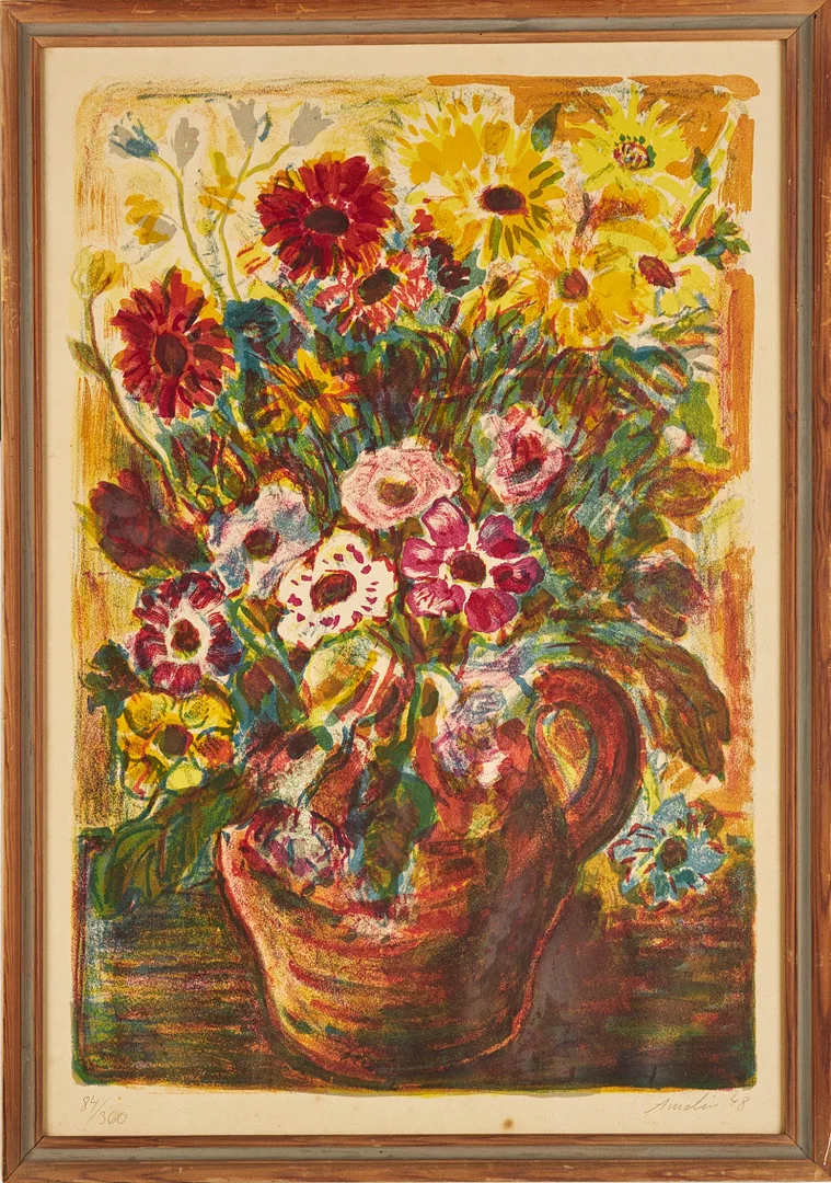 ALBIN AMELIN. Stilleben med blommor, signerad och daterad 48 samt numrerad 84/360, litografi. — Engravings & Prints — Stockholms Auktionsverk Sickla