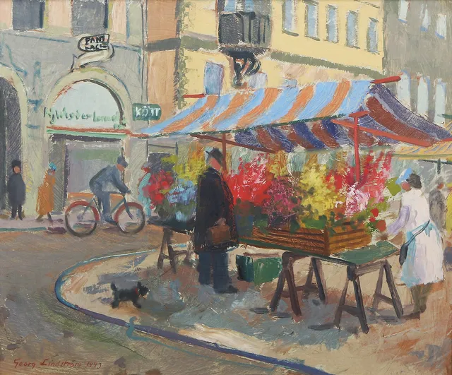 GEORG LINDSTRÖM. Oljemålning på pannå. Motiv från Kornhamnstorg. Signerad.