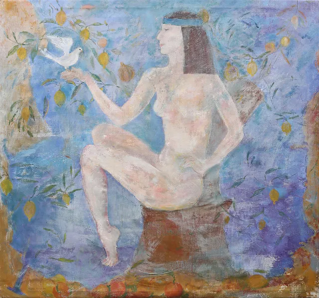 INGRID NORDSTRÖM. Gudinna med duva, olja på duk, signerad.