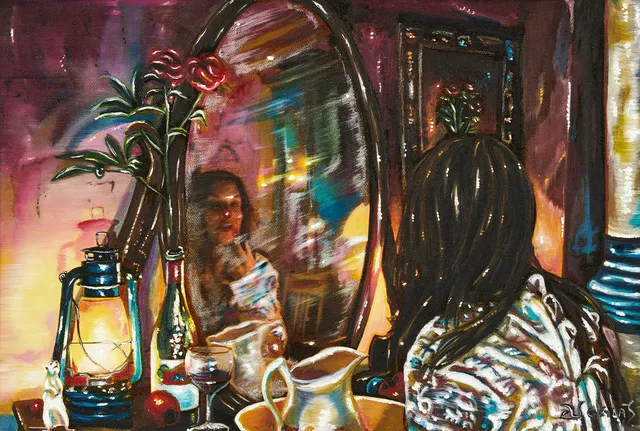 CAROLINE AF UGGLAS (född 1972). Självporträtt - spegling, signerad, originalmålning/mixed media.