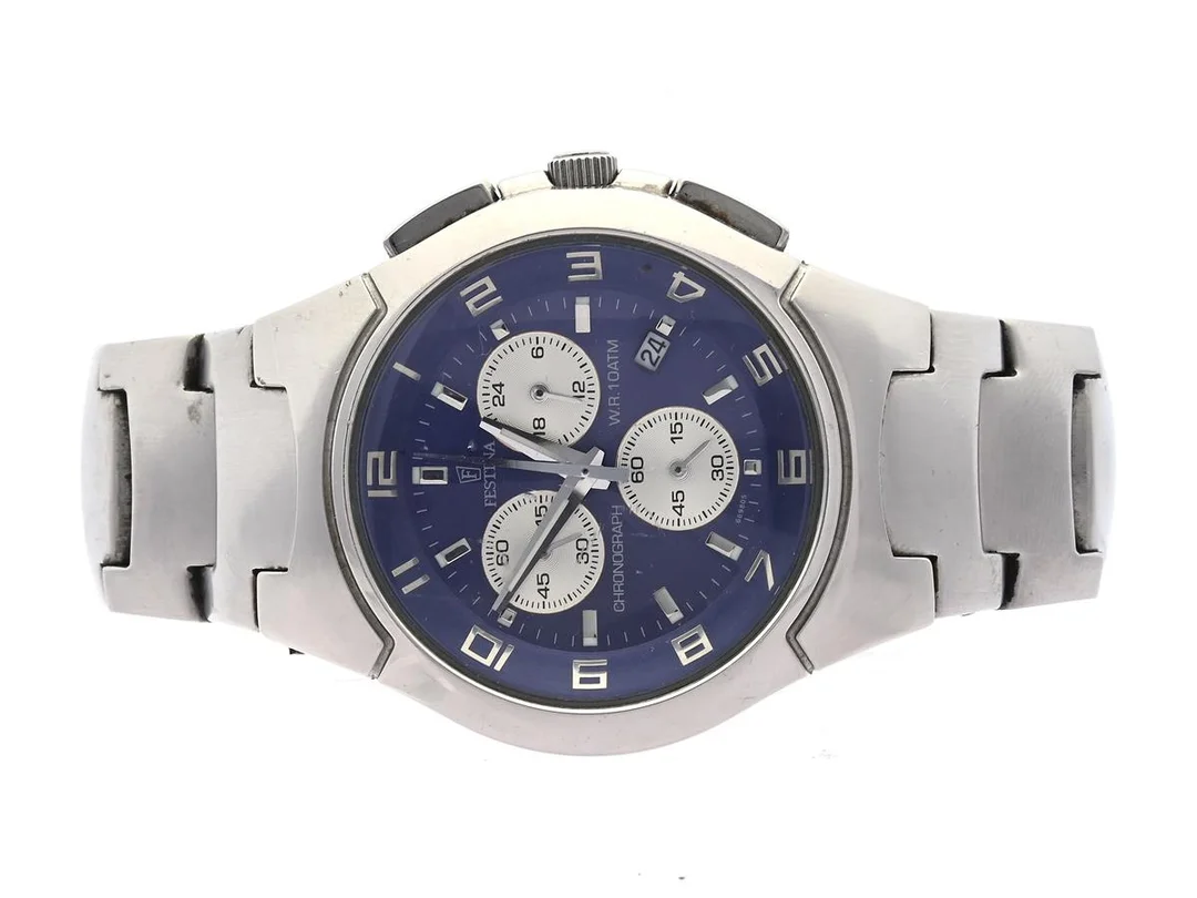 Festina, herrur, stål, 44mm, quartz, datum, kronograf, safirglas, boettnr. 6698, bruksslitage — Klockor/Festina — Kaplans