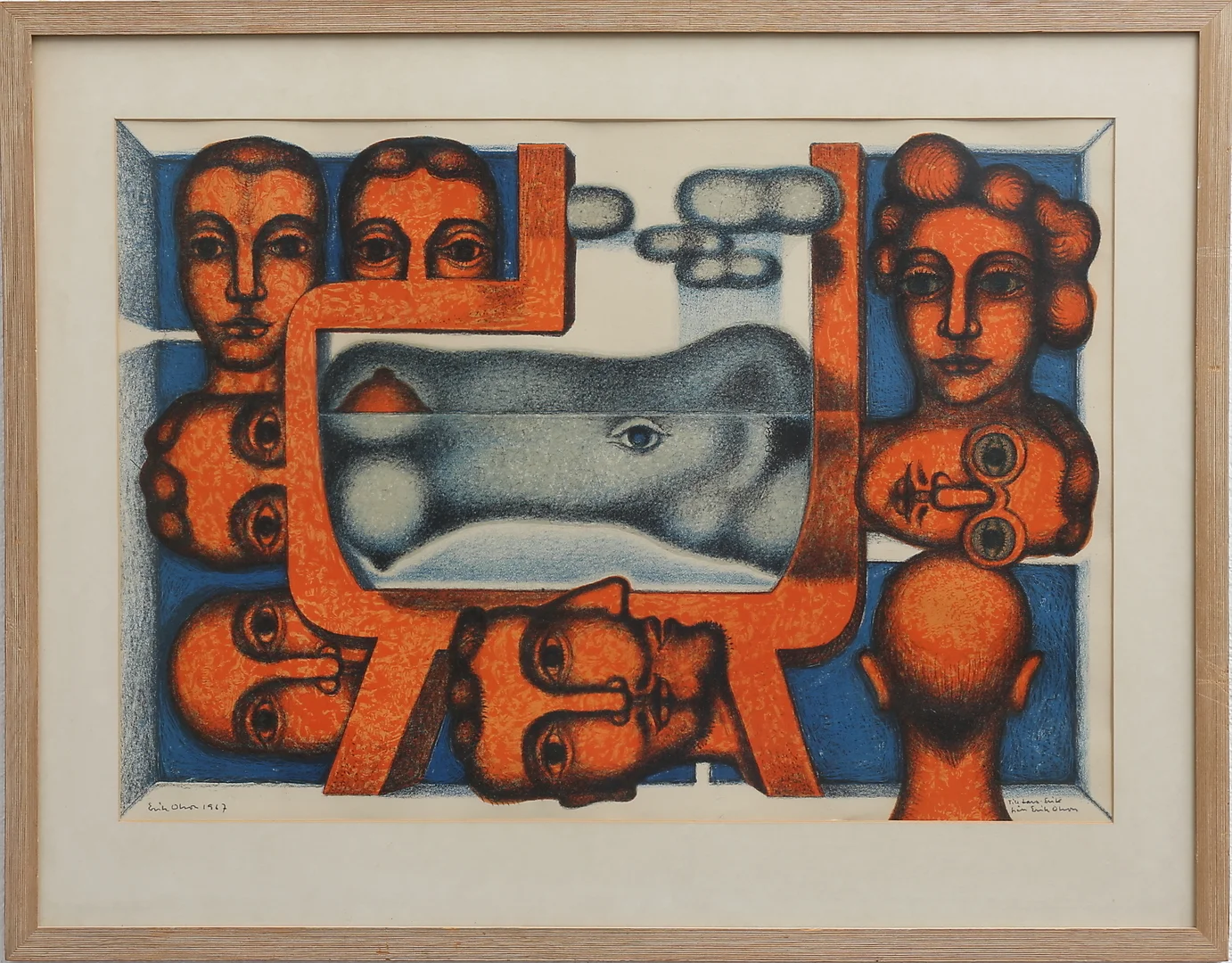 ERIK OLSON. "Samling vid TV-skärmen". Färglitografi, provtryck, signerad och daterad 1967. — Engravings & Prints — Auktionshuset Thelin & Johansson