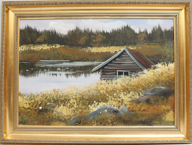 JOHAN ARVALL. Landskap med stuga och vattendrag, oljemålning på duk, signerad.
