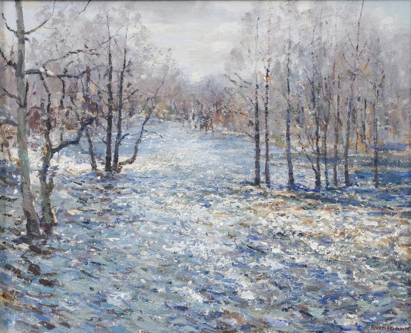 SVEN JOANN. "Vårflod vid Bergqvara", olja på pannå, signerad, daterarad a tergo 1966. — Paintings — Växjö Auktionskammare