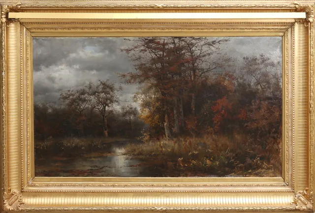 ARVID MAURITZ LINDSTRÖM. Skogslandskap med sjö. Olja på duk, signerad och daterad München 1882.