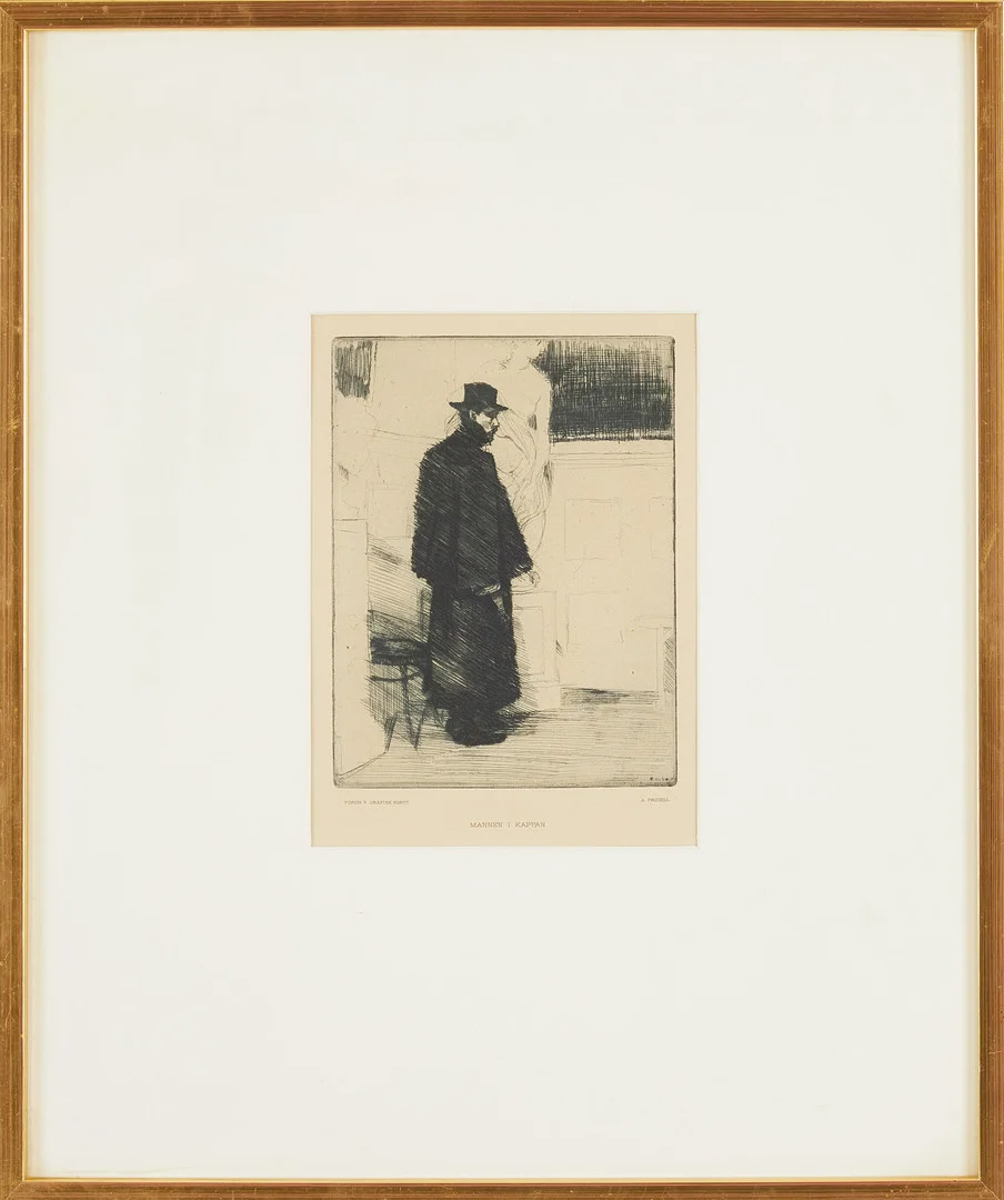 AXEL FRIDELL. "Mannen i kappan", etsning, signerad i trycket. — Engravings & Prints — Stockholms Auktionsverk Sickla