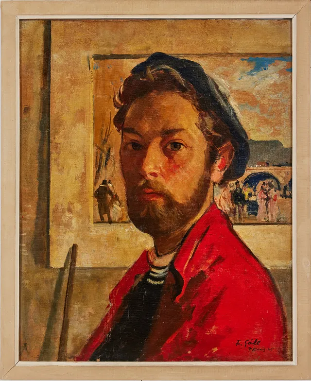 FRANCOIS GALL (1912-1987 ). Självporträtt i rött framför sin målning "Quai de Seine.".
