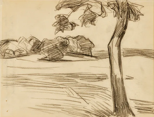 KARL NORDSTRÖM (Tjörn 1855-1923 Drottningholm). Landskap med träd, Drottningholm, a tergo inskriberad ”Den sista teckningen av Karl Nordströms hand”, kol på papper.
