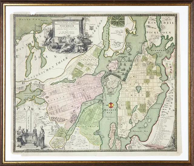 JOHANN BAPTIST HOMANN. karta, handkolorerad och graverad 1724 års karta över Stockholm.