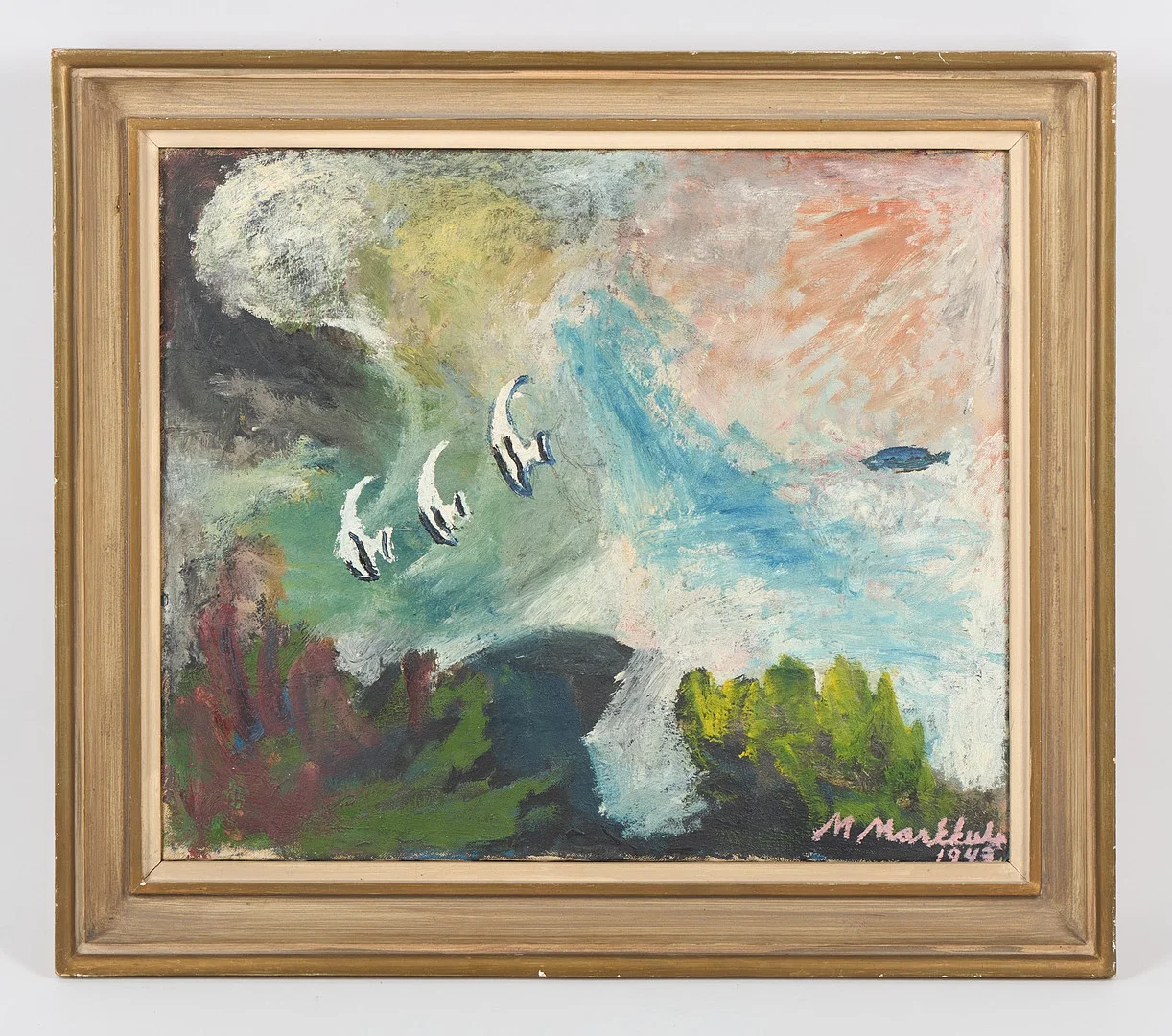 MAUNO MARKKULA. "Fiskar i månsken", signerad samt daterad 1943, olja på duk. — Paintings — Stockholms Auktionsverk Helsinki