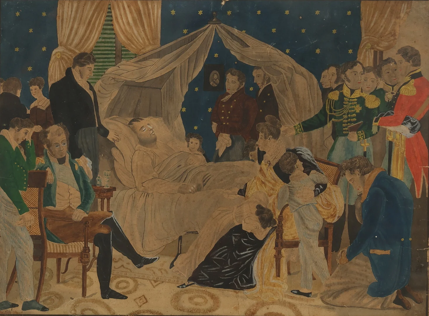 Ubekendt kunstner, ved Napoleons dødsleje, farvelagt litografi, 19. årh. — Engravings & Prints — Palsgaard Kunstauktioner