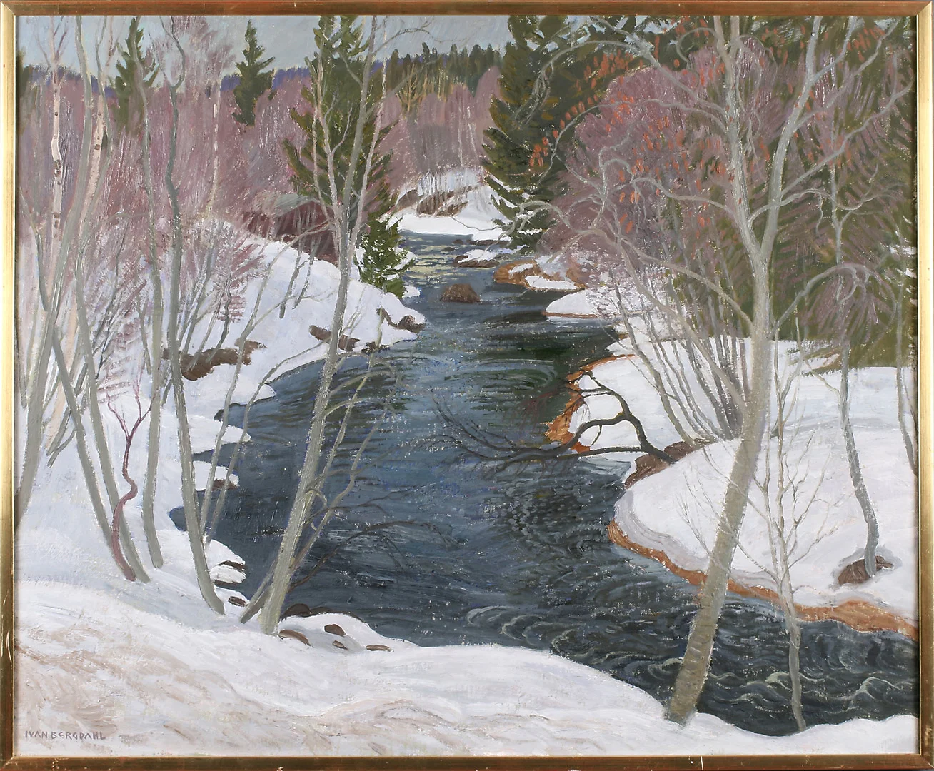 IVAN BERGDAHL. "Vårvinter vid Hegumsån", olja på duk, signerad och daterad -81. — Paintings — Stadsauktion Sundsvall