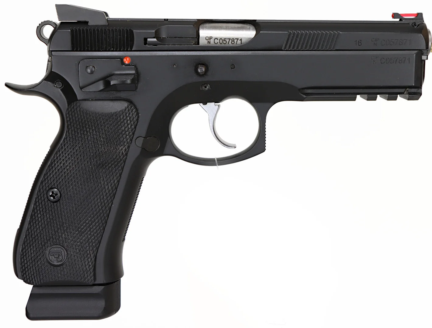 114. PISTOL, tjeckiskt, Halvautomatisk, fabrikat CZ, modell CZ 75 SP-01, kaliber 9x19, tillv.nr C057871, se-nr SE2687877. — Pistols — Walter Borg