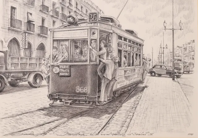 JOAN JORDÀ. "EL 36 EN EL PASSEIG D'ISABEL II", DIBUJO AL CARBÓN SOBRE PAPEL.
