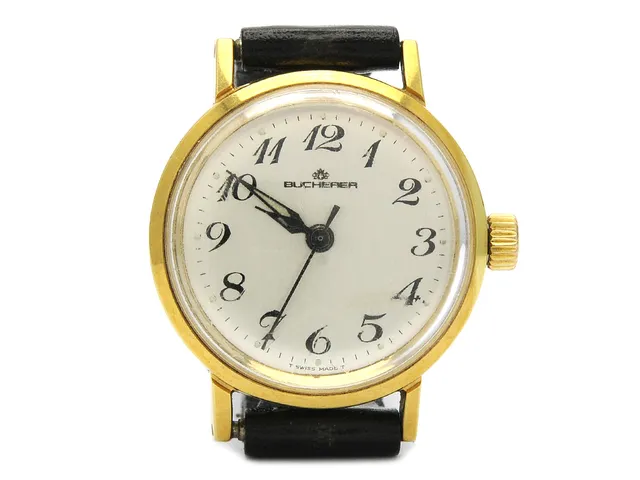 BUCHERER, damur, 26 mm, Boett nr. 52280, doublé (10 micron), manuell, plexiglas, skadad urtavla, läderband, ca 1975.