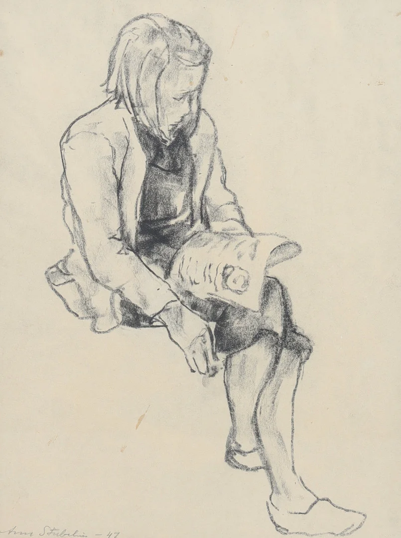ARNE STUBELIUS. kolteckning, läsande flicka, signerad samt daterad -47. — Drawings — Stockholms Auktionsverk Helsingborg