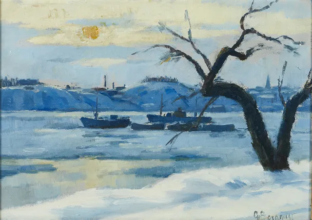 GUNNAR BERGQVIST (1903-1995). Vintervy från Waldemarsudde på Djurgården mot Fåfängan och Danviken, signerad G. Bergqvist, olja på pannå.