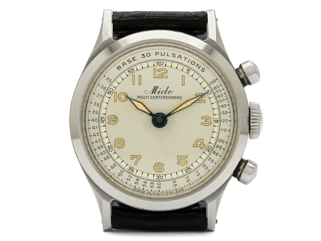 MIDO, Multi-Centerchrono, "Base 30 Pulsations", Cal 1300, Ref nr. 4763, Boett nr. 814763, kronograf, herrur, 34,5 mm, stål, manuell, plexiglas, defekt, visare saknas, ca 1950. — Klockor/Mido — Kaplans