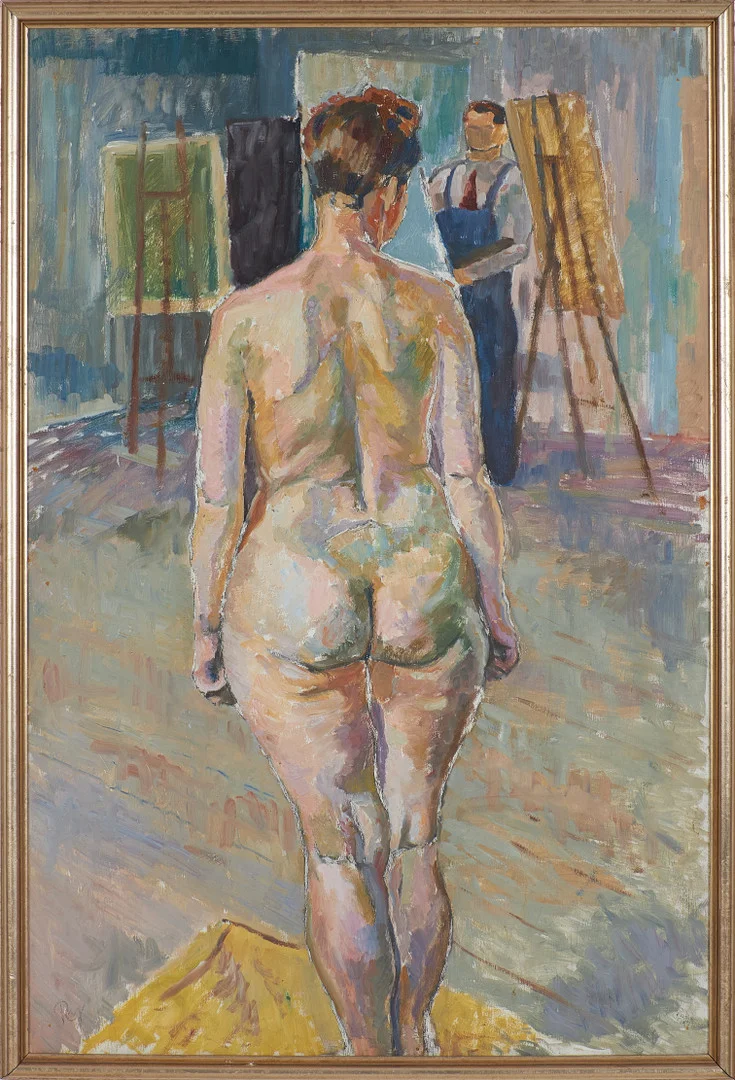 RUNE JANSSON. Modellstudie, olja på pannå, signerad RJ, enligt påskrift á tergo "Från Rune Janssons sterbhus". — Paintings — Stockholms Auktionsverk Sickla