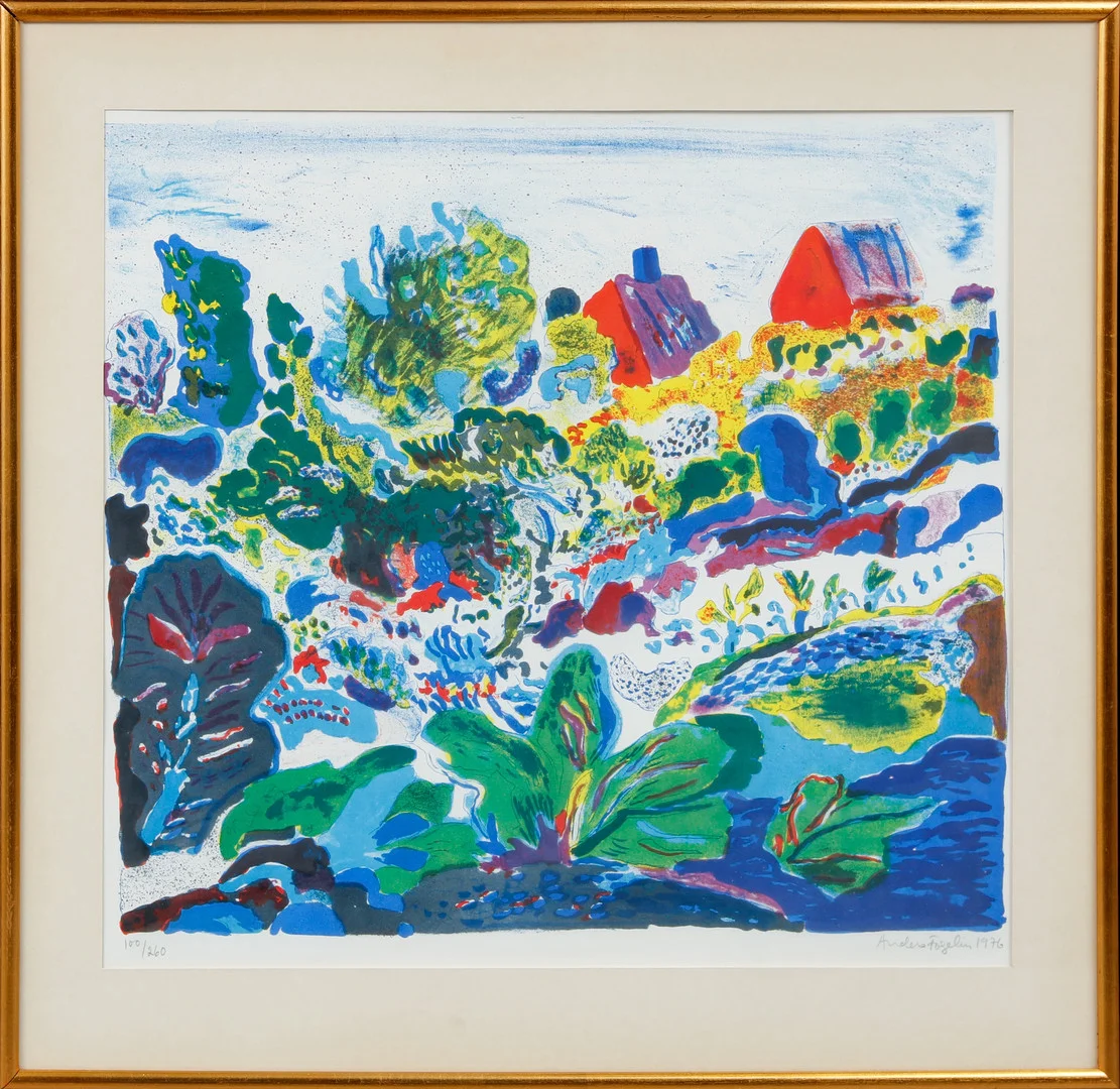 ANDERS FOGELIN. Växter och hus, färglitografi, signerad och numrerad 100/260. — Engravings & Prints — Göteborgs Auktionsverk