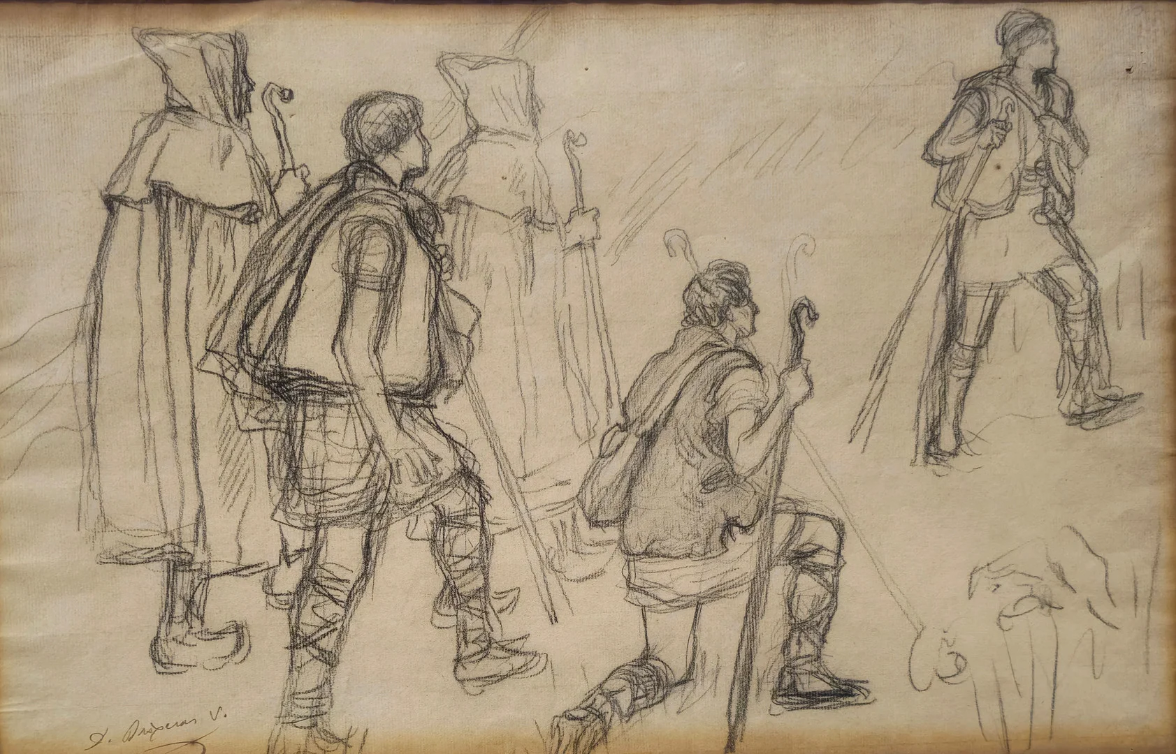 DIONÍS BAIXERAS. Estudio de varias figuras de pastores, dibujo sobre papel, siglo XX. — Drawings — Barcelona Auctions