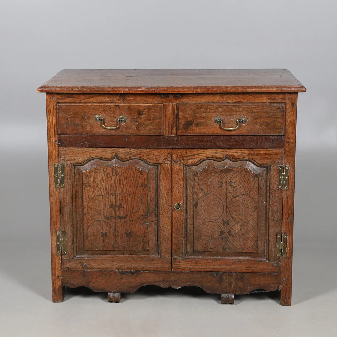 A GEORGE III AND LATER OAK TWO-DRAWER CUPBOARD. — Cupboards, Cabinets & Shelves — Lawrences Auctioneers