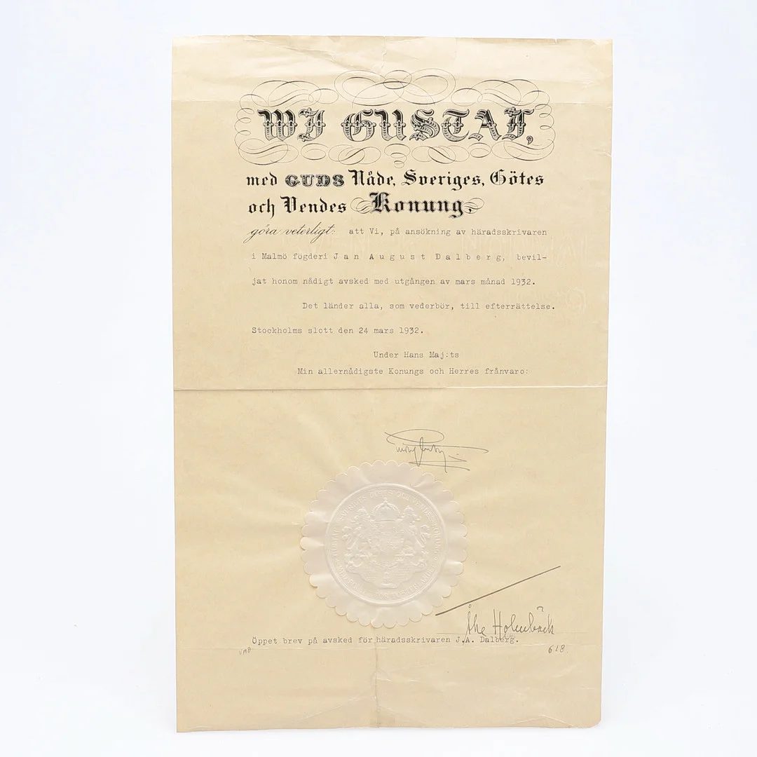 AUTOGRAF. GUSTAV VI ADOLF (1882-1973). SVERIGES KONUNG 1950-1973. — Autographs & Manuscripts — Crafoord Auktioner Lund