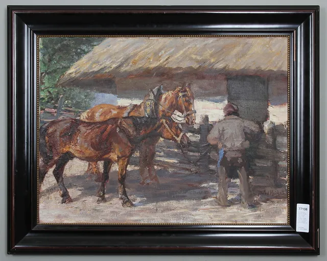 JOHANNES WILHELM VAN DER HEIDE. 1878-1956, Holland. Hästar vid stall. Olja på duk. Signerad JW vd Heide.