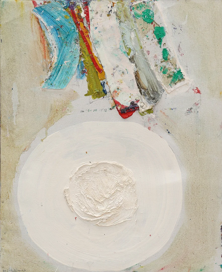 BO SÄLLSTRÖM. Blandteknik på duk, "Maneten", signerad Bo Sällström, daterad 1954. — Paintings — Auktionsmagasinet Vänersborg