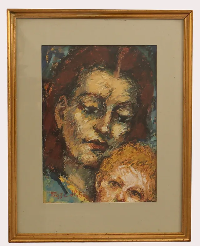 FIGGE HOLMGREN. Pastell , kvinna med barn, signerad Figge, daterad 1959.