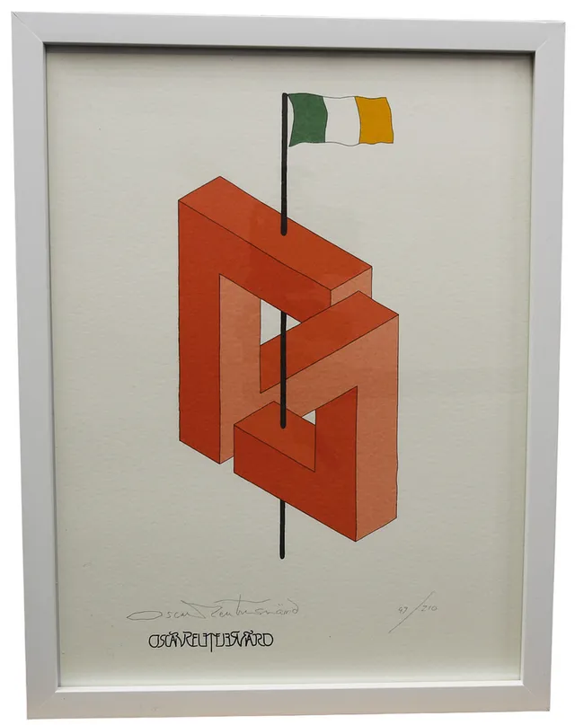 OSCAR REUTERSVÄRD. Färglitografi ur mappen "Fifteen European Impossible Figures". Irland, numrerad 52/210, signerad.