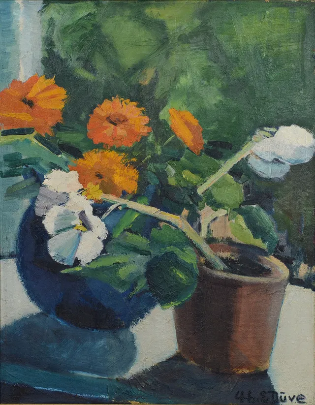 OIDENTIFIERAD KONSTNÄR. Blomstermotiv, olja på duk, signerad "E. Düve", daterad 46.