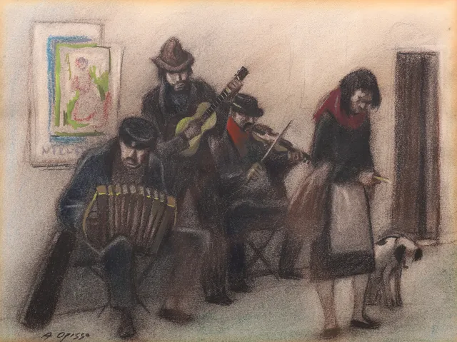 ALFREDO OPISSO. MÚSICOS DIBUJO CARBÓN.