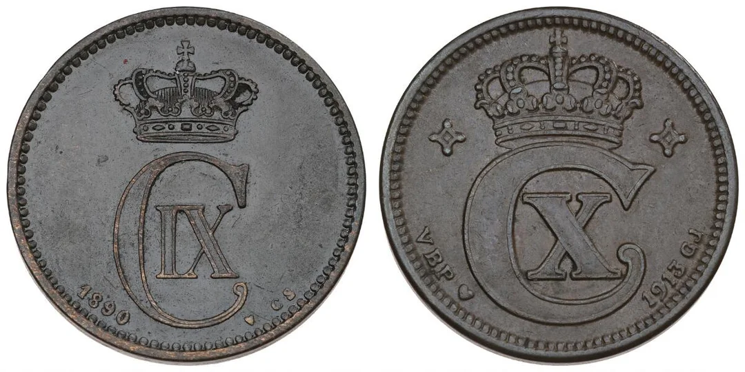5 øre 1890 CS, H 17A; Christian X, 5 øre 1913 VBP, H 14A, in total 2 pcs — Coins, Medals & Banknotes/Denmark/Christian IX, 1863–1906 — Bruun Rasmussen
