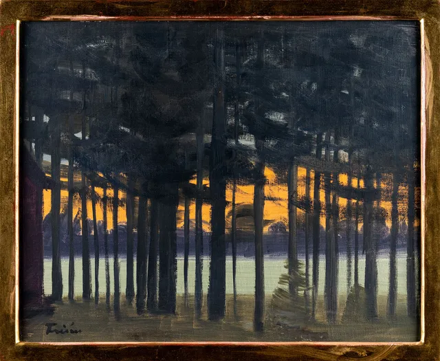 VERA FRISÉN. Olja på duk, Stuga i solnedgång, Signerad 1900-tal.