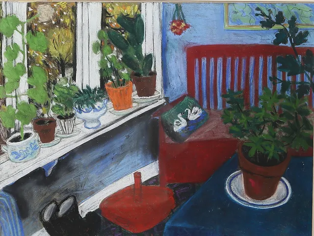 EVY LÅÅS. Rumsinteriör, pastell, signerad.
