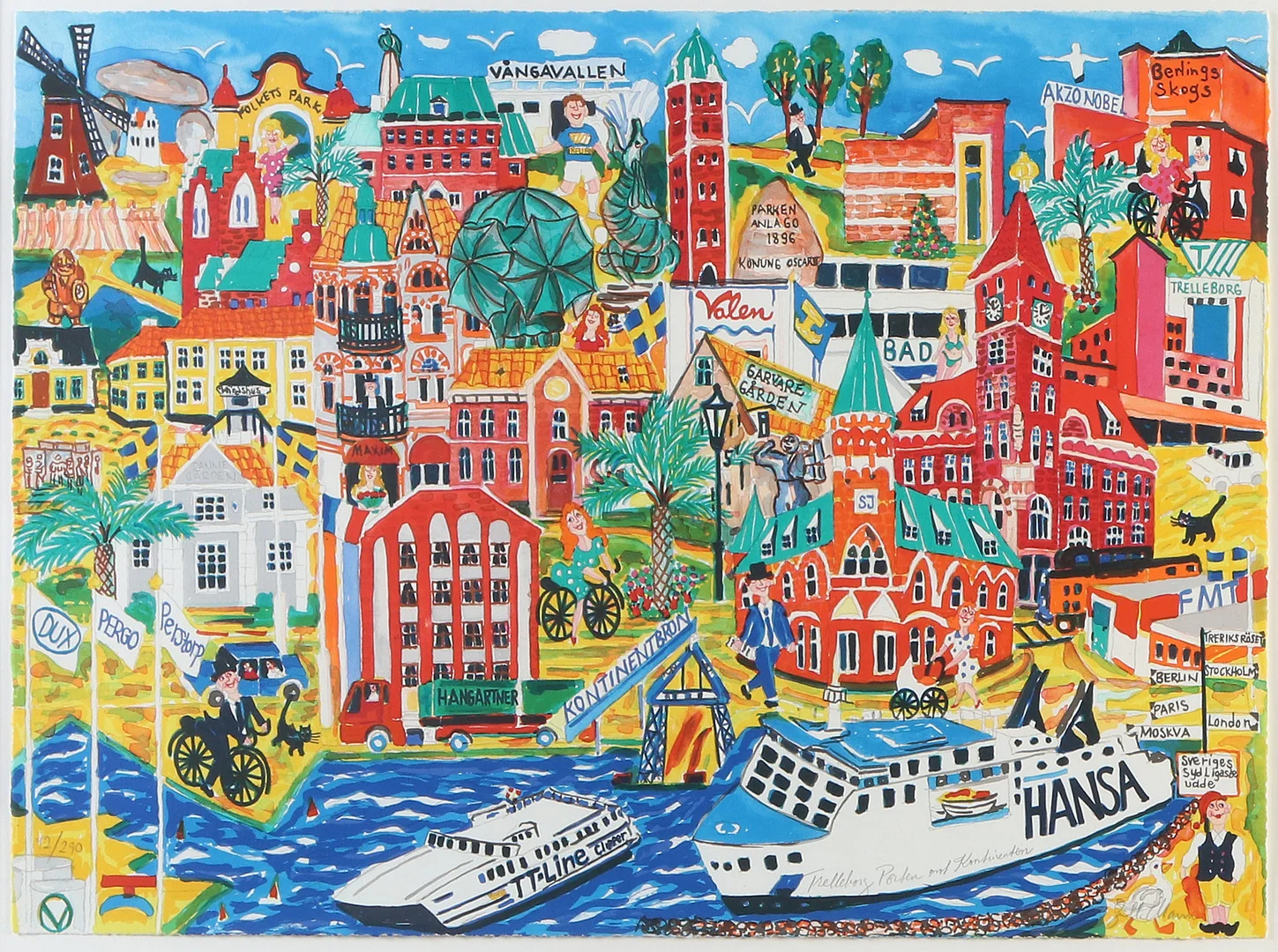 GUNILLA MANN. Litografi, 42/290. "Trelleborg, Porten mot Kontinenten". Signerad. — Engravings & Prints — Skånes Auktionsverk