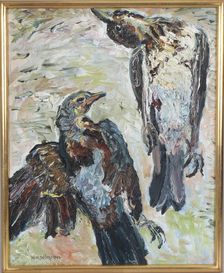 GERTRUD WIESELGREN. "björktrastar", olja på duk, signerad. — Paintings — Stadsauktion Sundsvall