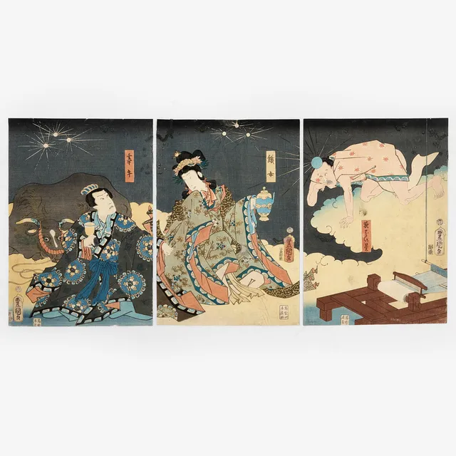 KUNISADA II, Triptyk till skådespel om Tanabata / Den sjunde kvällen, träsnitt.