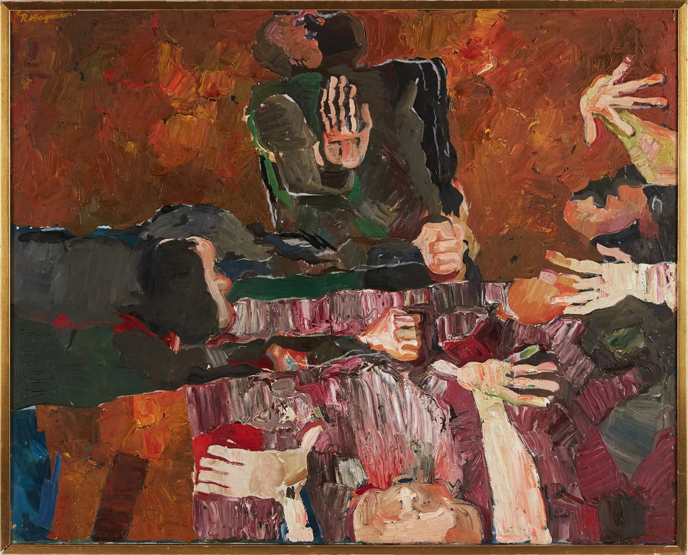 RUNE HAGMAN (1914). "Diskussion", olja på duk, signerad R hagman. — Paintings — Stockholms Auktionsverk Magasin 5