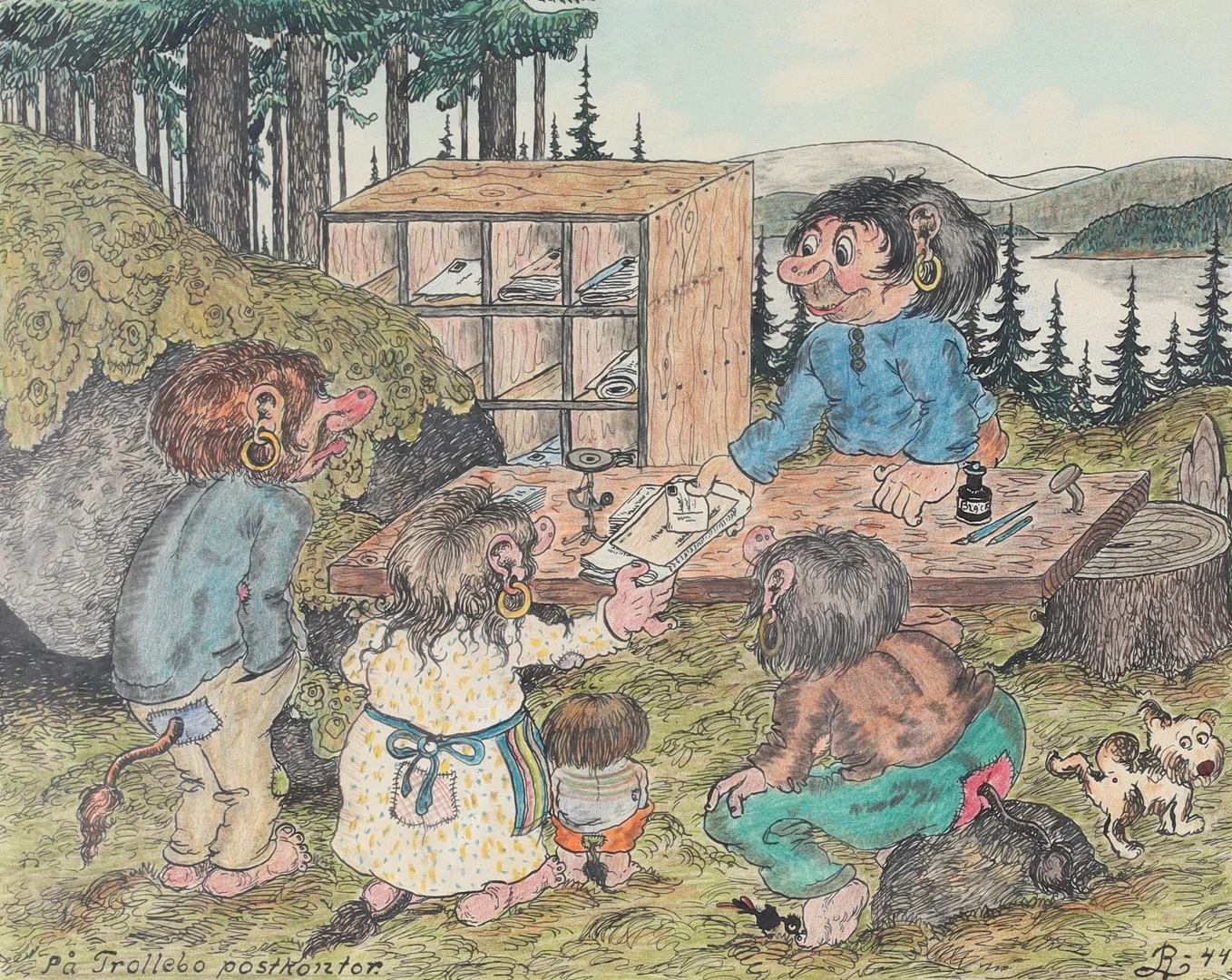 ROLF LIDBERG. "På Trollebo postkontor", blandteknik, monogramsignerad och daterad -44. — Paintings — Stadsauktion Sundsvall