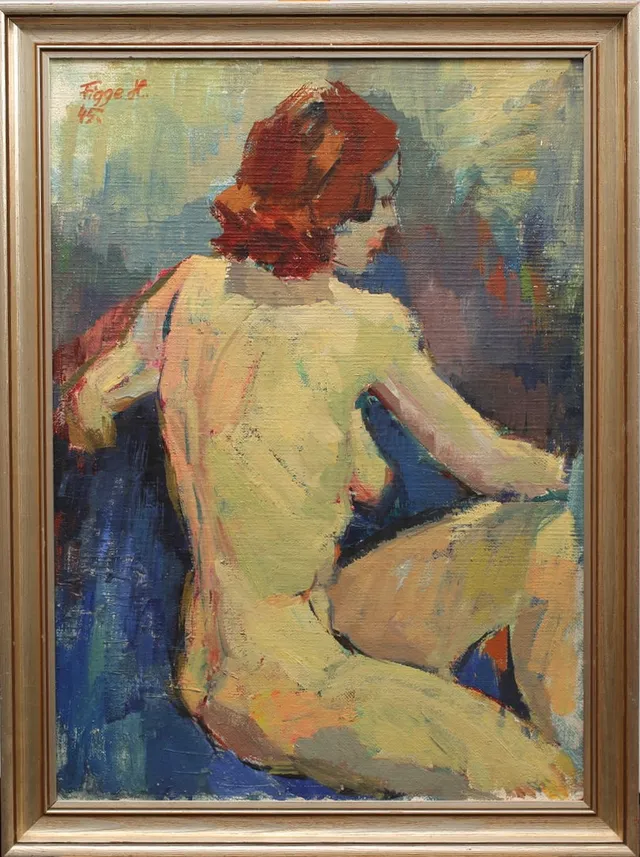 FIGGE HOLMGREN. Olja på pannå, Nakenstudie, signerad Figge H, daterad 1945.
